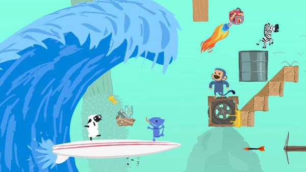 Ultimate Chicken Horse screenshot: A sheep surfs a large wave while a monkey, zebra, and chameleon navigate obstacles.