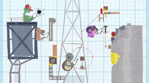Ultimate Chicken Horse screenshot: Animals with tools navigate obstacles on a tower, aiming to reach the goal in a construction-themed level.