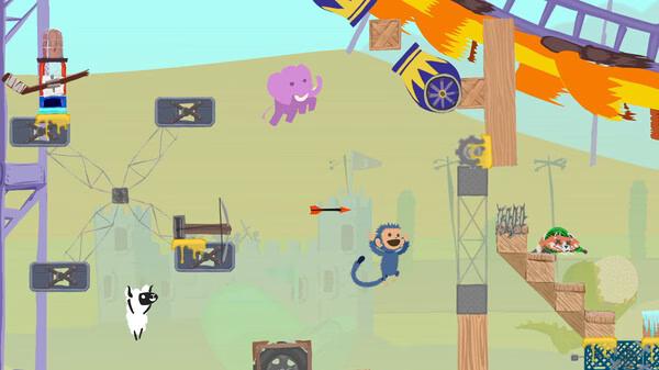 Screenshot from Ultimate Chicken Horse showing animals navigating obstacles in a colorful platform level.