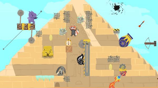 Screenshot of Ultimate Chicken Horse showing animal characters navigating traps and platforms on a pyramid-themed level.