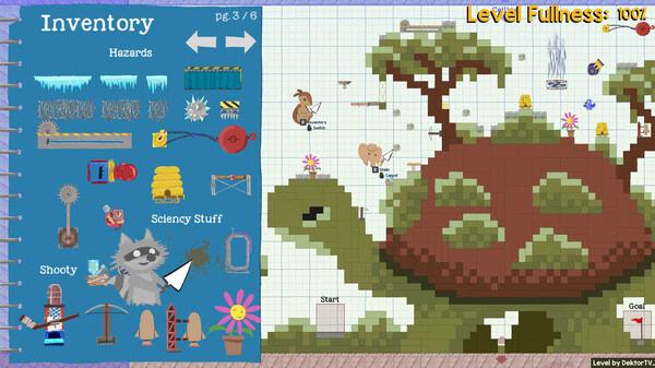 Screenshot from Ultimate Chicken Horse showing a level editor with a giant turtle and inventory items on the left.