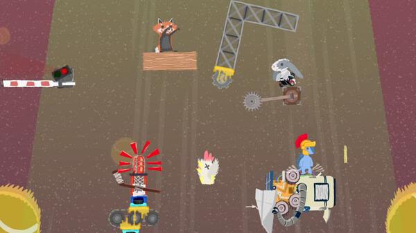 Screenshot from Ultimate Chicken Horse showing various animals navigating obstacles in a colorful platforming level.