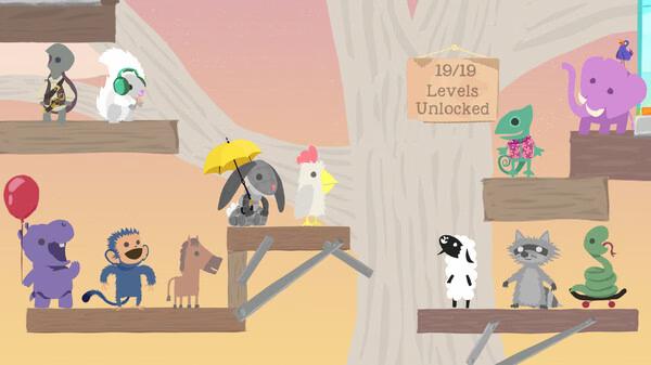 Screenshot of Ultimate Chicken Horse showing multiple animal characters on wooden platforms near a "19/19 Levels Unlocked" sign.