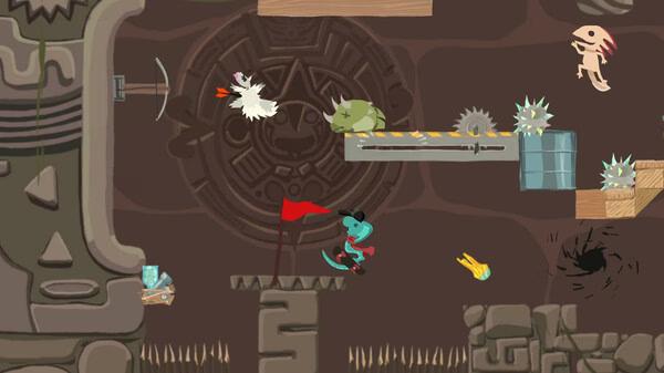 Screenshot from Ultimate Chicken Horse showing a raccoon jumping over obstacles like spinning saws and spikes.
