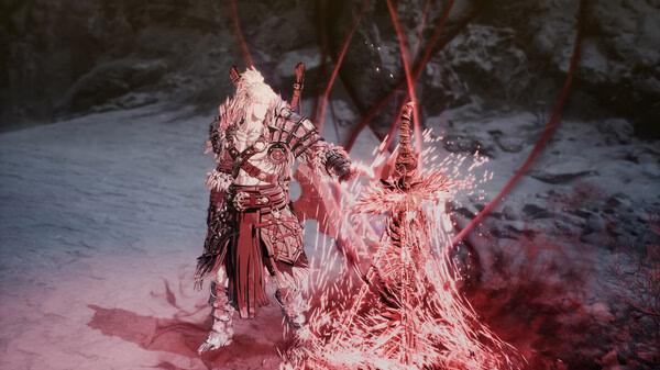 Screenshot from 'The First Berserker: Khazan' showing a warrior in detailed armor amidst swirling red energy in a snowy landscape.