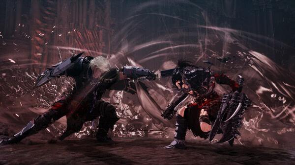 Screenshot from 'The First Berserker: Khazan', showing two armored warriors clashing swords in a dynamic, intense battle scene.