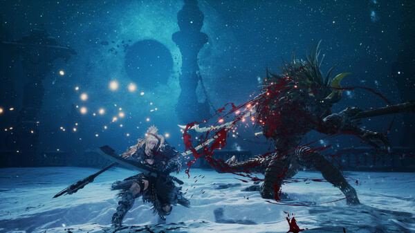 Screenshot of The First Berserker: Khazan showing a dynamic battle scene between two armored warriors in a moonlit arena.