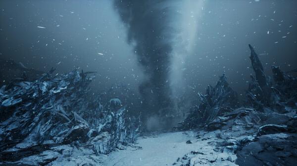 Screenshot from The First Berserker: Khazan showing a massive icy tornado amidst a snowy, desolate landscape.