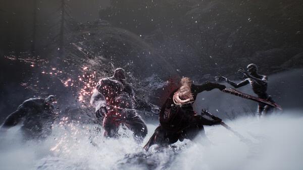 Screenshot from "The First Berserker: Khazan" showing a warrior battling multiple shadowy figures in a snowy, forested landscape.