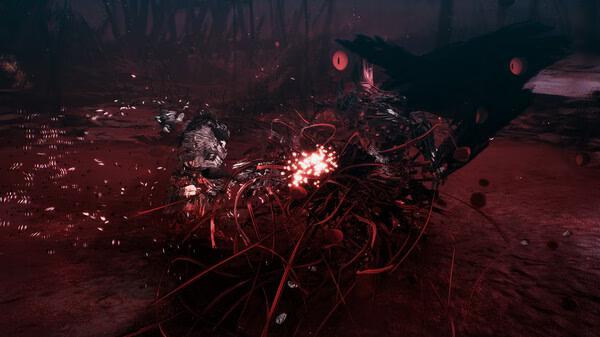 Screenshot from The First Berserker: Khazan showing a chaotic battle scene with glowing red effects and dark, twisted surroundings.