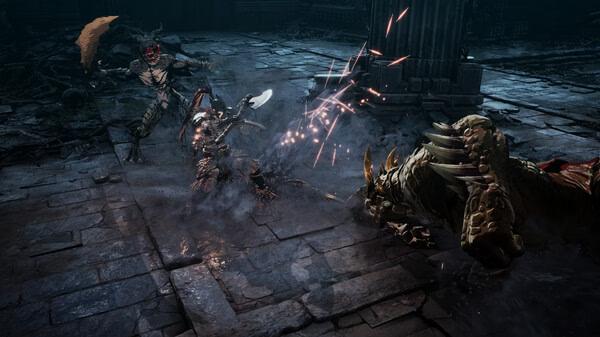 Screenshot from "The First Berserker: Khazan" showing intense combat between warriors and a large armored creature in a dark, ruined arena.
