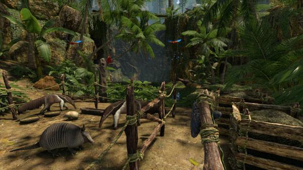 Green Hell screenshot showing a lush jungle scene with armadillos, anteaters, wooden fences, and vibrant tropical flora.
