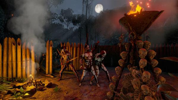 Screenshot from Green Hell showing tribal warriors gathered around a campfire at night, with a skull-decorated structure nearby.
