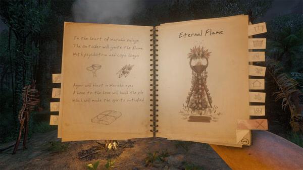 Screenshot from Green Hell showing an open book with sketches and notes about the 'Eternal Flame' in a jungle setting.