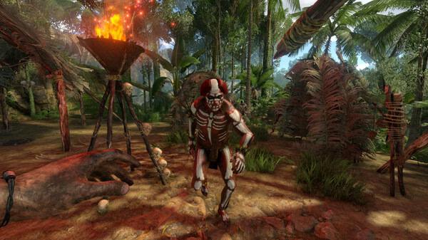 A Green Hell screenshot shows a tribal warrior painted in red and white approaching, with a lit torch in a dense jungle setting.