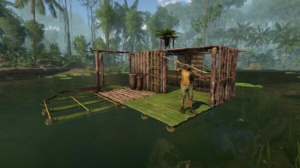 A Green Hell screenshot showing a player on a wooden raft surrounded by lush jungle and water in a survival setting.