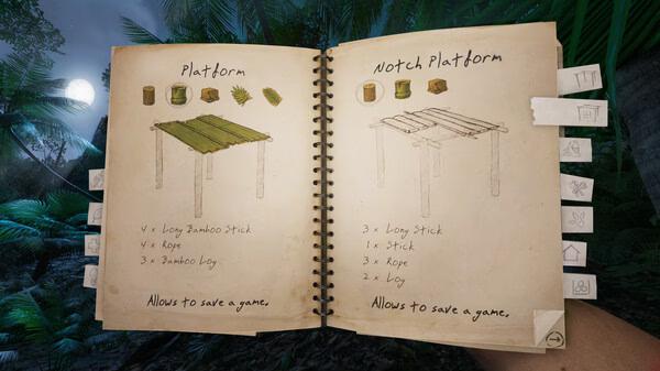 Screenshot from Green Hell showing a crafting book with platform recipes, surrounded by a dense jungle at night.