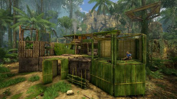 Screenshot from 'Green Hell' showing a detailed bamboo shelter surrounded by lush jungle foliage and a character sitting inside.