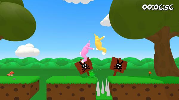 Super Bunny Man screenshot: Pink and yellow bunnies jump over spikes between grassy platforms in a colorful, cartoonish landscape.