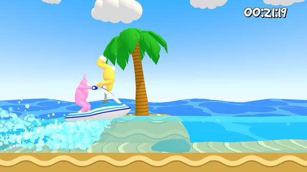 Super Bunny Man screenshot: Pink and yellow bunny characters ride a jet ski near a palm tree on a colorful tropical beach.