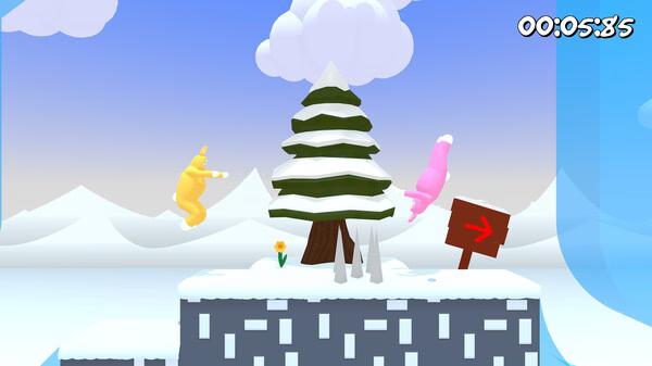 Super Bunny Man screenshot: Two bunny characters jump near a snowy platform with a tree, spikes, and a red arrow sign.