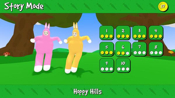 Super Bunny Man screenshot: Two colorful bunny characters stand on grass with levels displayed in Hoppy Hills story mode.
