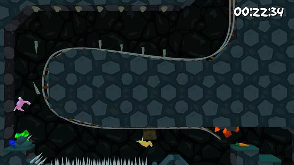 Super Bunny Man screenshot: A pink bunny navigates a dark cave with spikes and obstacles under a timer reading 00:22:34.