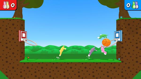 Super Bunny Man screenshot: Colorful rabbit characters play basketball on a grassy platform with hoops and trees in the background.