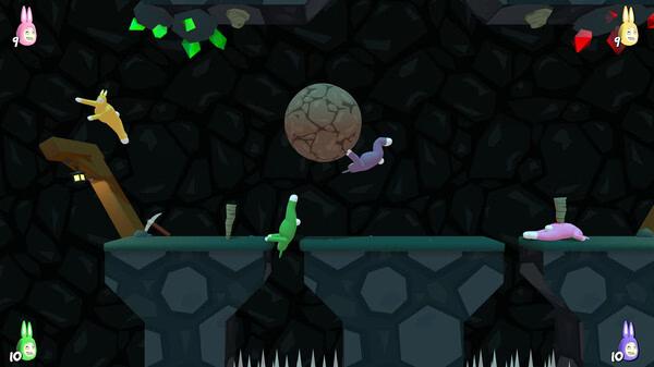 Super Bunny Man screenshot: Colorful bunny characters navigate platforms, dodge spikes, and jump past obstacles in a dark cave setting.