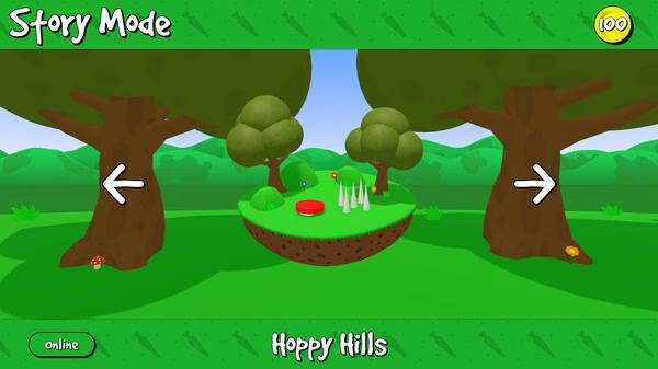 Screenshot from Super Bunny Man showing the 'Hoppy Hills' level with trees, spikes, and a red button in Story Mode.