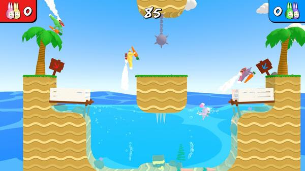 Screenshot from Super Bunny Man showing colorful bunnies jumping over obstacles in a vibrant ocean-themed level.