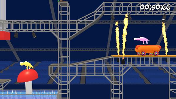 Screenshot from Super Bunny Man showing two colorful bunny characters navigating a platform with fire obstacles and a timer.