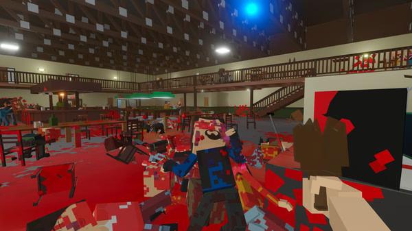 Screenshot of Paint the Town Red: A chaotic bar fight scene with blocky characters in a blood-spattered environment.