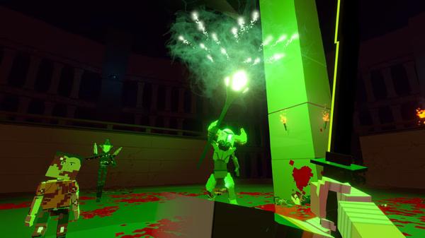 Screenshot from Paint the Town Red showing a glowing green enemy wielding a staff, surrounded by characters and blood splatters.