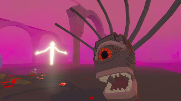 Screenshot from Paint the Town Red showing a pixelated creature with a single eye in a surreal, foggy environment with glowing arches.