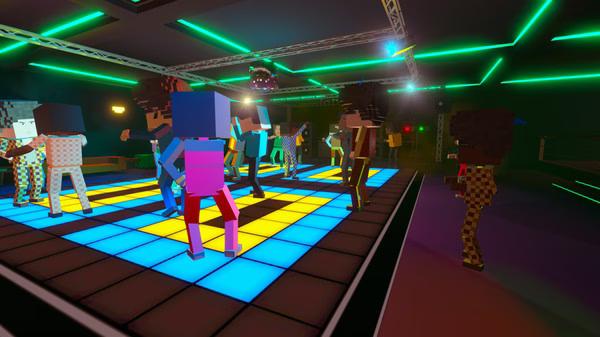 Screenshot from Paint the Town Red: Blocky characters dance on a vibrant, neon-lit floor in a nightclub setting.