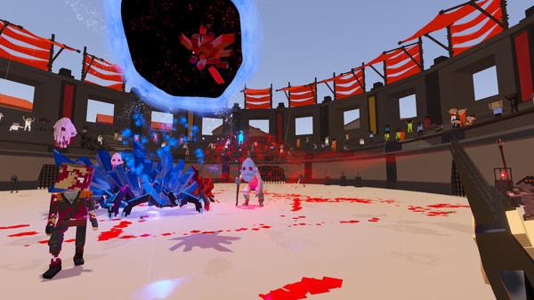 Paint the Town Red screenshot: chaotic arena battle with characters attacking each other amidst vibrant colors and effects.