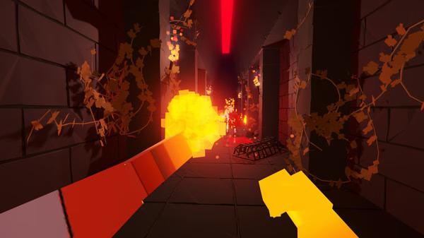 Screenshot from Paint the Town Red showing a fiery explosion in a dark corridor with glowing weapons in the foreground.