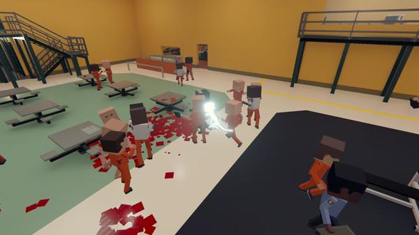 A Paint the Town Red screenshot showing a chaotic prison fight with inmates and guards, blood splattered on the floor.
