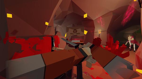 Screenshot from Paint the Town Red showing a chaotic melee fight in a cave with blocky characters and red splashes.