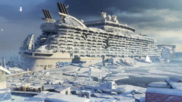 World War Z screenshot: A massive cruise ship encased in ice, surrounded by frozen terrain and scattered icebergs.