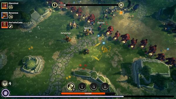 Screenshot from The Spell Brigade showing a battle scene with players and enemies on a grassy battlefield.