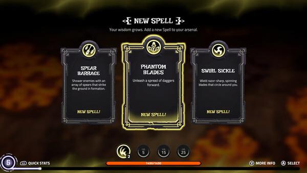 Screenshot from The Spell Brigade showing three spell options: Spear Barrage, Phantom Blades, and Swirl Sickle.