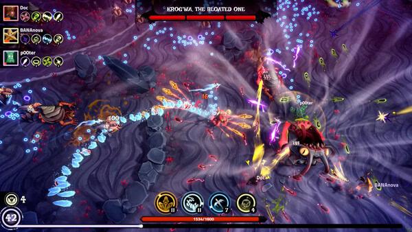 Screenshot from The Spell Brigade showing characters in combat against Kroczva, with colorful magic spells and health bars visible.