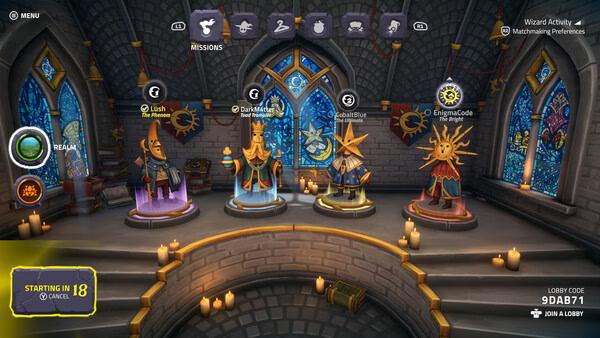 Screenshot of The Spell Brigade showing four wizard characters standing on platforms in a stone room with candles.
