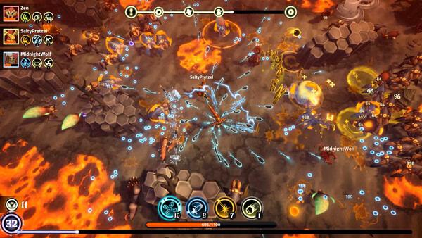 Screenshot from The Spell Brigade showing a fiery battlefield with multiple characters casting spells surrounded by lava.