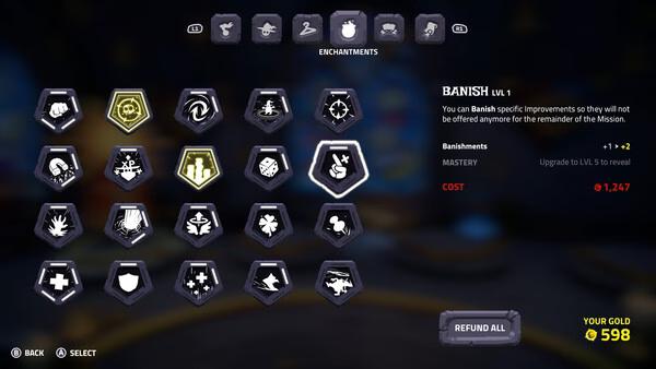 Screenshot from The Spell Brigade game showing enchantment menu with various icons, highlighting "Banish" skill details on the right.