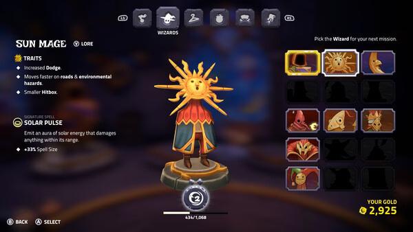 Screenshot from 'The Spell Brigade' showing the Sun Mage character selection screen with various stats and gold count.