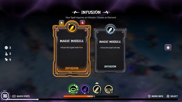 Screenshot from 'The Spell Brigade' showing the Magic Missile spell infusion options: Fire and Ice, with player stats visible.