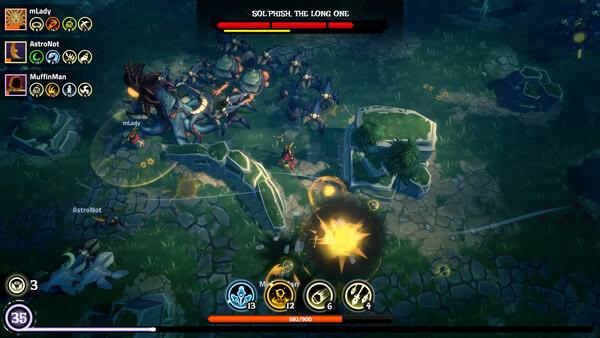 Screenshot from The Spell Brigade showing players battling a giant scorpion-like creature named 'Solphish: The Long One'.
